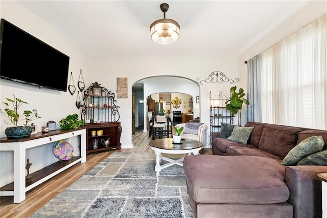 106 Rowley Blvd, La Place, LA 70068 - living room featuring arched walkways and wood finished floors