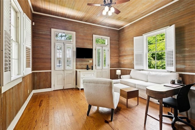 2027 Monroe St, Mandeville, LA 70448 - living area with wooden walls, wood ceiling, a ceiling fan, and light wood-type flooring