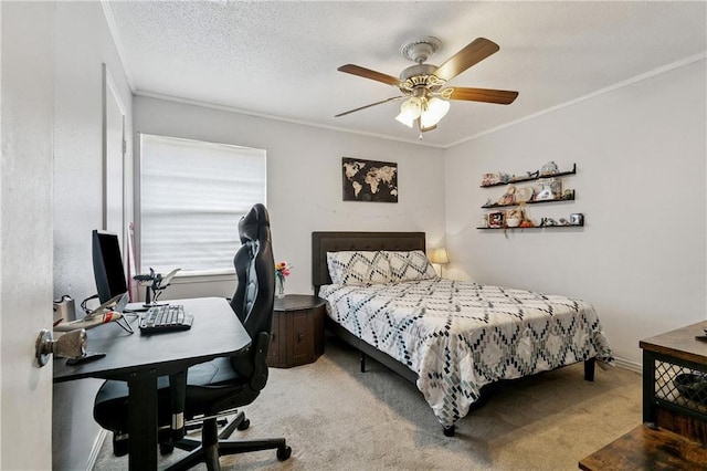 2041 Glencove Ln, Terrytown, LA 70056 - bedroom with crown molding, carpet floors, a desk, a ceiling fan, and a textured ceiling