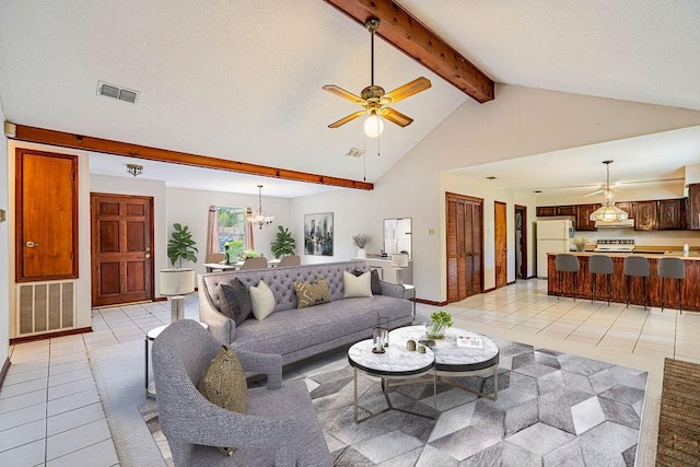 210 Lake Ontario Ct, Slidell, LA 70461 - living area with a ceiling fan, beam ceiling, light tile patterned floors, a chandelier, and high vaulted ceiling