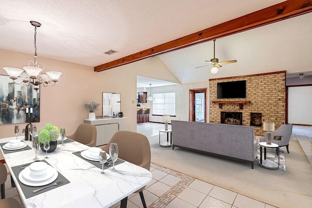 210 Lake Ontario Ct, Slidell, LA 70461 - dining space featuring light tile patterned flooring, light carpet, ceiling fan, a chandelier, and a brick fireplace