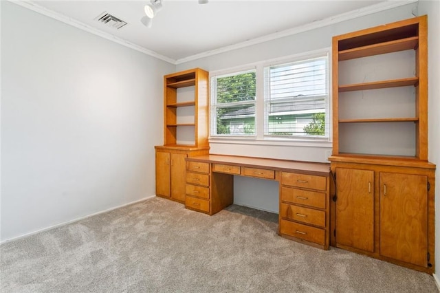 638 Huntlee Dr, New Orleans, LA 70131 - unfurnished office with light colored carpet, ornamental molding, and built in study area