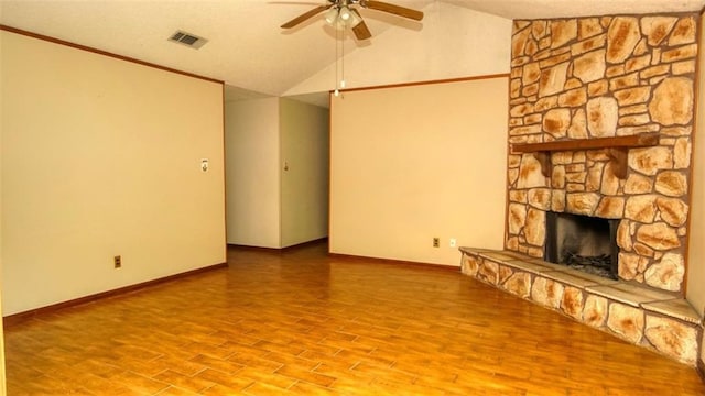 232 Lake Village Blvd, Slidell, LA 70461 - unfurnished living room with lofted ceiling, a ceiling fan, a fireplace, and wood finished floors