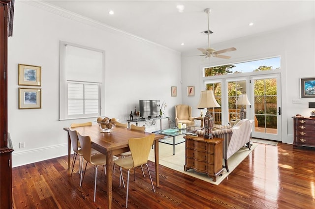 417 Eleonore St, New Orleans, LA 70115 - dining area featuring ornamental molding, a ceiling fan, wood finished floors, and recessed lighting