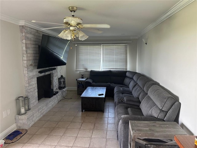 105 Beta St, Belle Chasse, LA 70037 - living room with ceiling fan, light tile patterned flooring, crown molding, and a brick fireplace