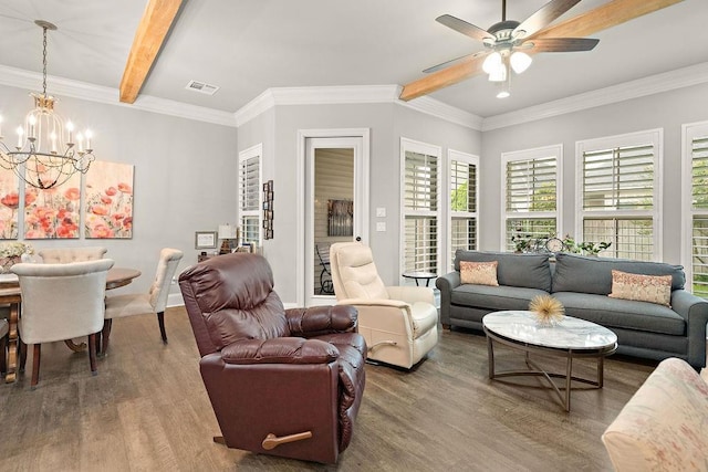 246 S Orchard Ln, Covington, LA 70433 - living room with wood finished floors, a chandelier, beamed ceiling, a ceiling fan, and ornamental molding