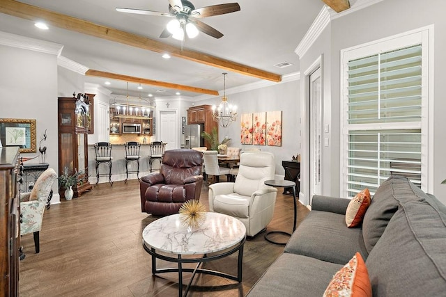 246 S Orchard Ln, Covington, LA 70433 - living room featuring a chandelier, beam ceiling, recessed lighting, a ceiling fan, and wood finished floors