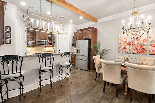 246 S Orchard Ln, Covington, LA 70433 - dining space with a chandelier, dark wood-style floors, beamed ceiling, ornamental molding, and recessed lighting