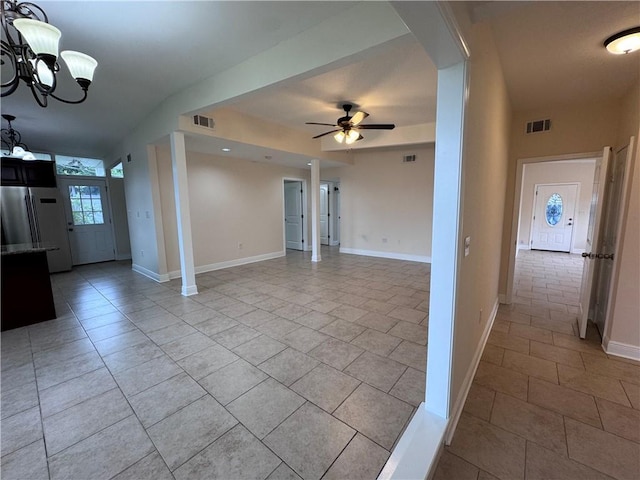 6 Brentwood Dr, Metairie, LA 70003 - unfurnished living room featuring ceiling fan, a chandelier, and light tile patterned floors