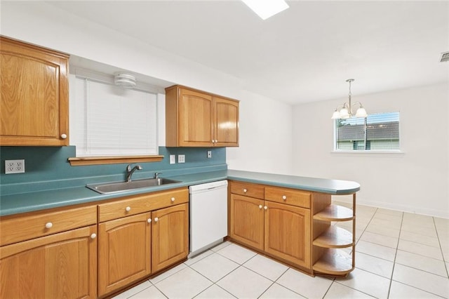 4700 Jasper St, Metairie, LA 70006 - kitchen featuring white dishwasher, a peninsula, open shelves, hanging light fixtures, and brown cabinets
