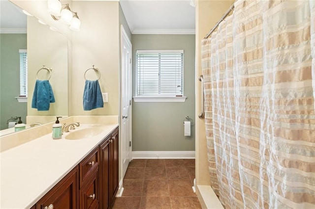 4700 Jasper St, Metairie, LA 70006 - full bathroom with vanity, crown molding, tile patterned flooring, and curtained shower