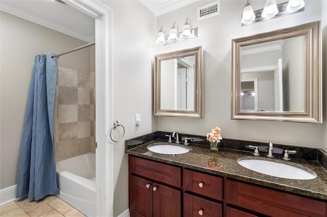 10 Finch St, New Orleans, LA 70124 - full bath with shower / tub combo with curtain, double vanity, crown molding, and tile patterned flooring