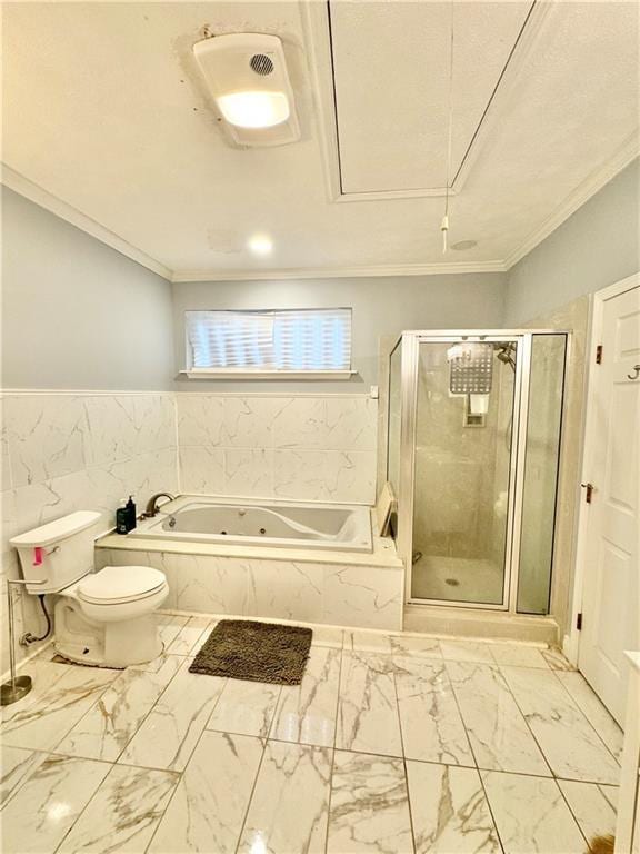 4925 Jasper St, Metairie, LA 70006 - bathroom featuring marble finish flooring, a whirlpool tub, crown molding, a shower stall, and tile walls