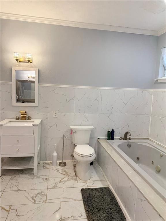 4925 Jasper St, Metairie, LA 70006 - full bathroom with vanity, a tub with jets, crown molding, and marble look tile flooring