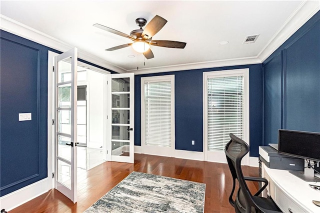 31350 Walker Rd, Walker, LA 70785 - office area featuring french doors, crown molding, a ceiling fan, and wood finished floors