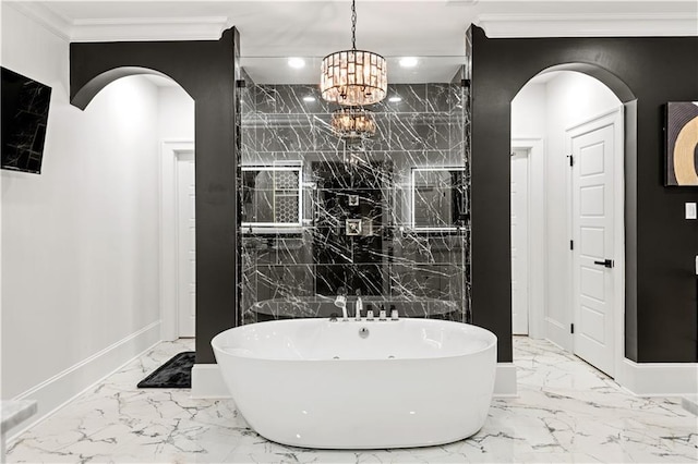 31350 Walker Rd, Walker, LA 70785 - full bath with marble tiled floors, ornamental molding, a soaking tub, recessed lighting, and a chandelier