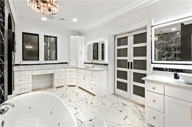 31350 Walker Rd, Walker, LA 70785 - full bathroom with marble tiled flooring, vanity, a tub with jets, crown molding, and recessed lighting