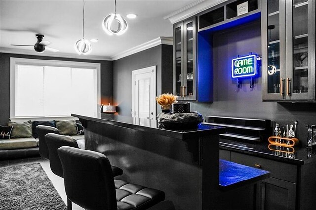 31350 Walker Rd, Walker, LA 70785 - bar area with ornamental molding, decorative light fixtures, and ceiling fan