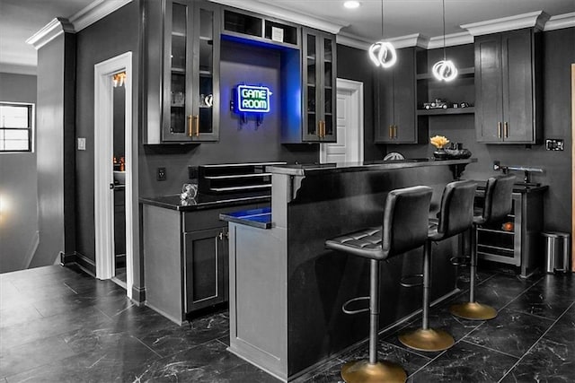 31350 Walker Rd, Walker, LA 70785 - indoor wet bar with crown molding, dark marble finish flooring, recessed lighting, and hanging light fixtures