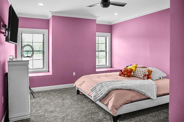 31350 Walker Rd, Walker, LA 70785 - bedroom with crown molding, carpet flooring, recessed lighting, and a ceiling fan