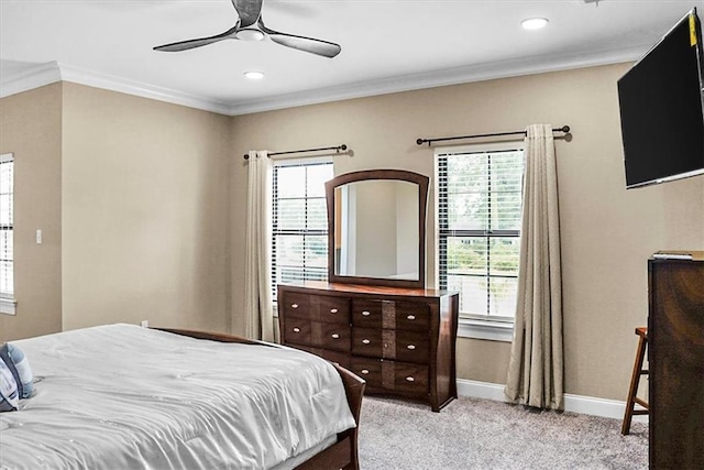 31350 Walker Rd, Walker, LA 70785 - carpeted bedroom with multiple windows, crown molding, ceiling fan, and recessed lighting