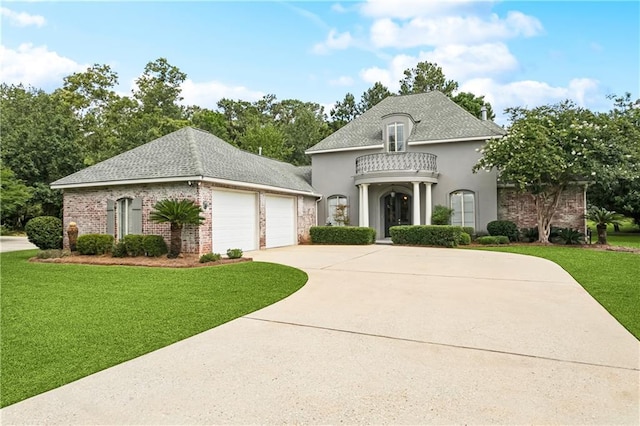 356 Aspen Ln, Covington, LA 70433 - french country style house with an attached garage, a front yard, concrete driveway, brick siding, and a shingled roof