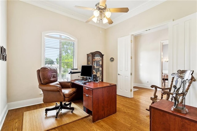 356 Aspen Ln, Covington, LA 70433 - office with light wood finished floors, ornamental molding, and ceiling fan