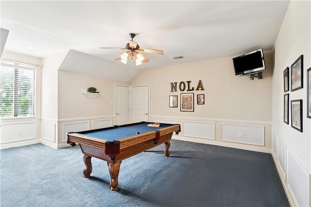 356 Aspen Ln, Covington, LA 70433 - game room with carpet floors, ceiling fan, pool table, wainscoting, and a decorative wall