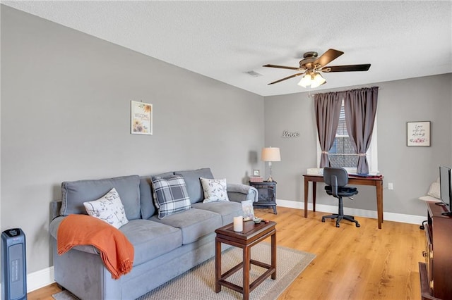 301 Rural St, River Ridge, LA 70123 - living area featuring a ceiling fan, light wood-style flooring, a textured ceiling, and a desk