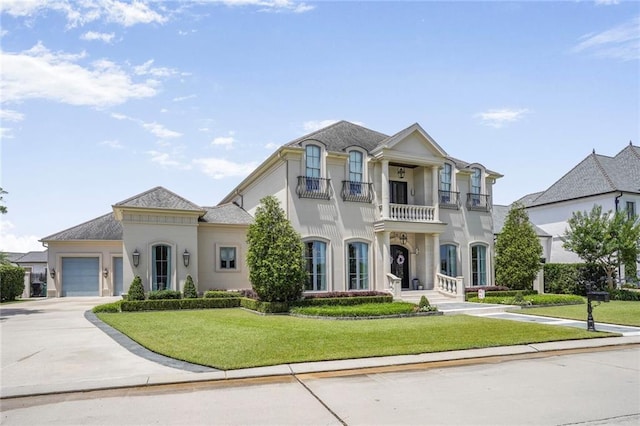 21 Royal Palm Dr, Kenner, LA 70065 - french country style house with a balcony, a front yard, driveway, an attached garage, and stucco siding