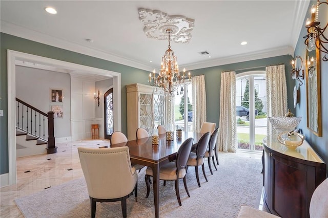 21 Royal Palm Dr, Kenner, LA 70065 - dining area with a chandelier, arched walkways, stairway, recessed lighting, and crown molding