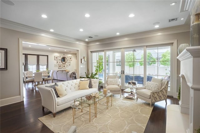 21 Royal Palm Dr, Kenner, LA 70065 - living room with crown molding, recessed lighting, and dark wood-style flooring