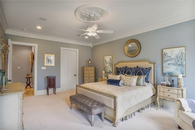 21 Royal Palm Dr, Kenner, LA 70065 - bedroom with ornamental molding, light carpet, recessed lighting, ceiling fan, and a closet
