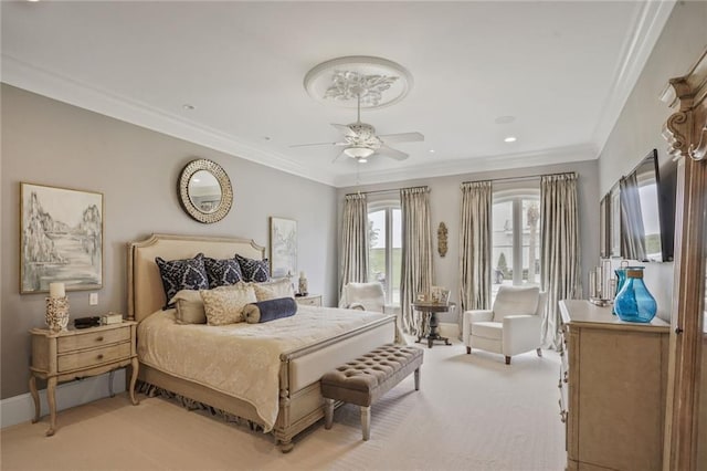 21 Royal Palm Dr, Kenner, LA 70065 - bedroom featuring light colored carpet, ornamental molding, a ceiling fan, and recessed lighting