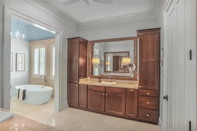 21 Royal Palm Dr, Kenner, LA 70065 - full bath featuring a freestanding tub, ceiling fan, vanity, crown molding, and a chandelier