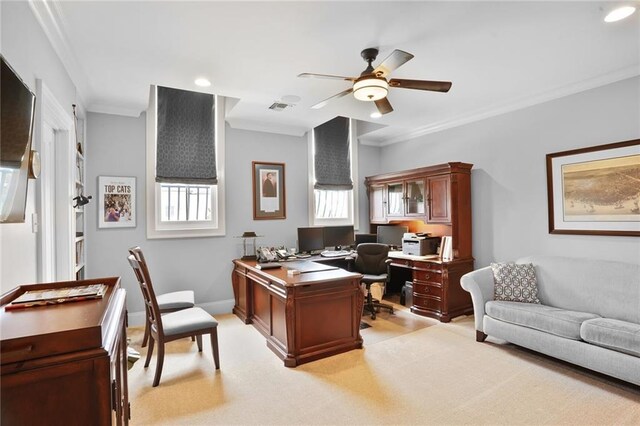 21 Royal Palm Dr, Kenner, LA 70065 - home office with a ceiling fan, ornamental molding, recessed lighting, and light carpet