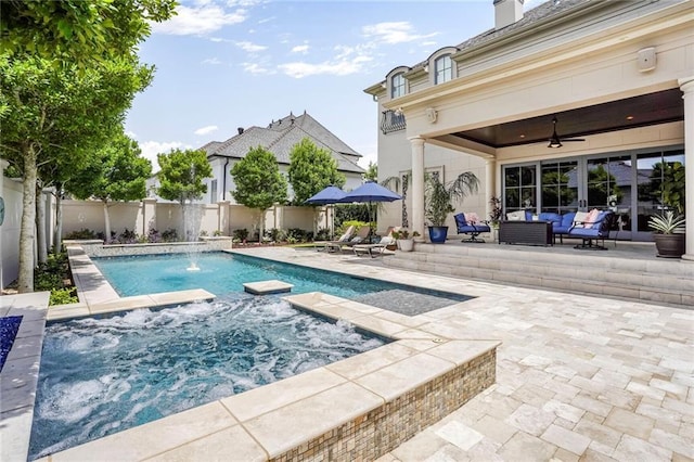 21 Royal Palm Dr, Kenner, LA 70065 - swimming pool with a patio, an in-ground hot tub, a ceiling fan, and an outdoor living space