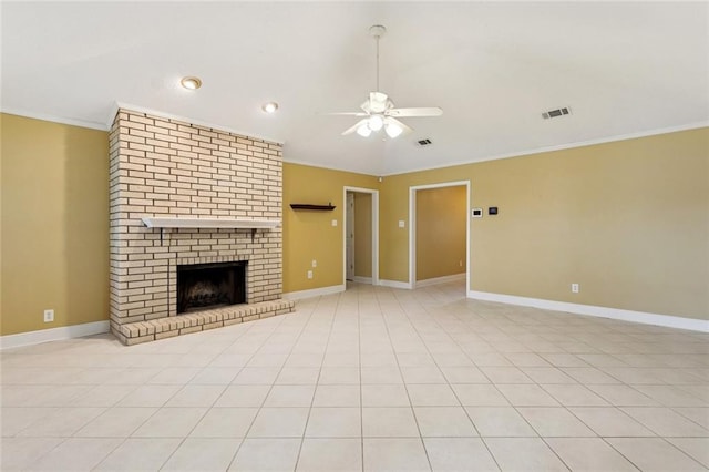422 Eden Isles Blvd, Slidell, LA 70458 - unfurnished living room featuring a ceiling fan, ornamental molding, and a brick fireplace