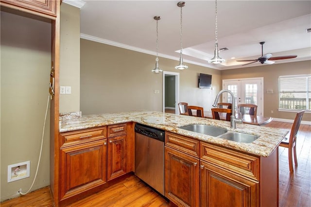 121 Pontchartrain Rd, La Place, LA 70068 - kitchen featuring dishwasher, french doors, ornamental molding, brown cabinetry, and a ceiling fan