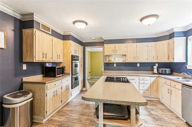 314 Royal Dr, Slidell, LA 70460 - kitchen featuring stainless steel appliances, light brown cabinets, open shelves, wood finish floors, and crown molding