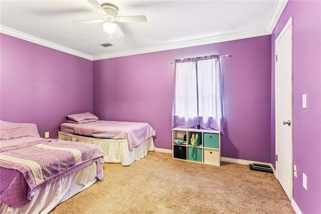 314 Royal Dr, Slidell, LA 70460 - bedroom featuring crown molding, carpet, and a ceiling fan