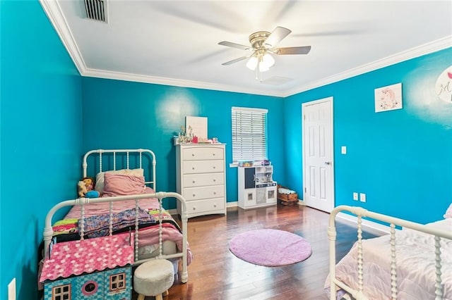 314 Royal Dr, Slidell, LA 70460 - bedroom with hardwood / wood-style flooring, ornamental molding, and a ceiling fan