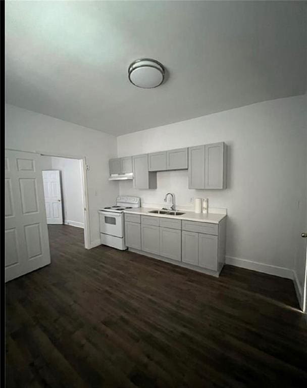 2905-07 Pauger St, New Orleans, LA 70119 - kitchen featuring white electric stove, gray cabinets, dark wood-type flooring, and light countertops