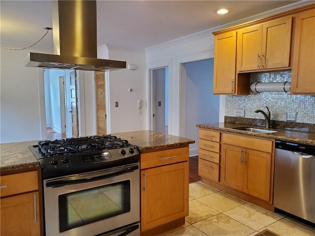 411 Lowerline St Unit D, New Orleans, LA 70118 - kitchen featuring stainless steel appliances, island exhaust hood, backsplash, dark stone counters, and light tile patterned flooring
