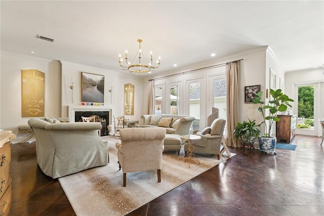 502 Hector Ave, Metairie, LA 70005 - living area with a chandelier, ornamental molding, a fireplace, and recessed lighting
