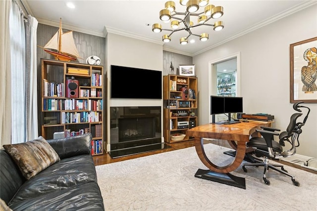 502 Hector Ave, Metairie, LA 70005 - office featuring a fireplace with flush hearth, a chandelier, wood finished floors, crown molding, and recessed lighting