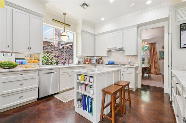 502 Hector Ave, Metairie, LA 70005 - kitchen featuring stainless steel dishwasher, healthy amount of natural light, white cabinets, ornamental molding, and recessed lighting