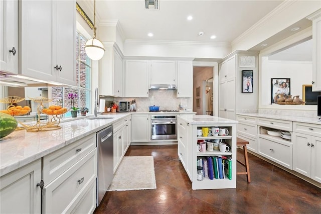 502 Hector Ave, Metairie, LA 70005 - kitchen featuring stainless steel appliances, under cabinet range hood, tasteful backsplash, recessed lighting, and open shelves