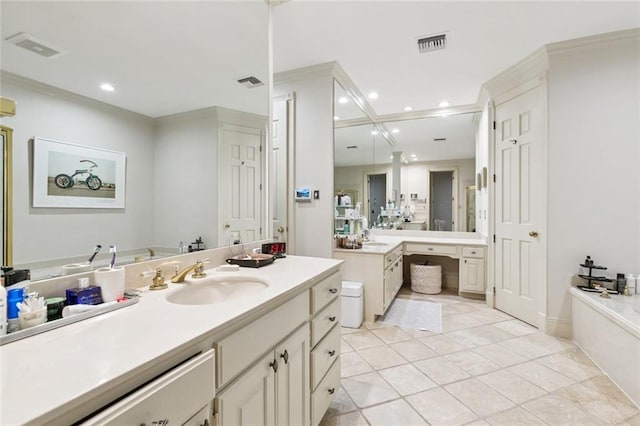 502 Hector Ave, Metairie, LA 70005 - bathroom featuring vanity, a garden tub, recessed lighting, tile patterned floors, and crown molding