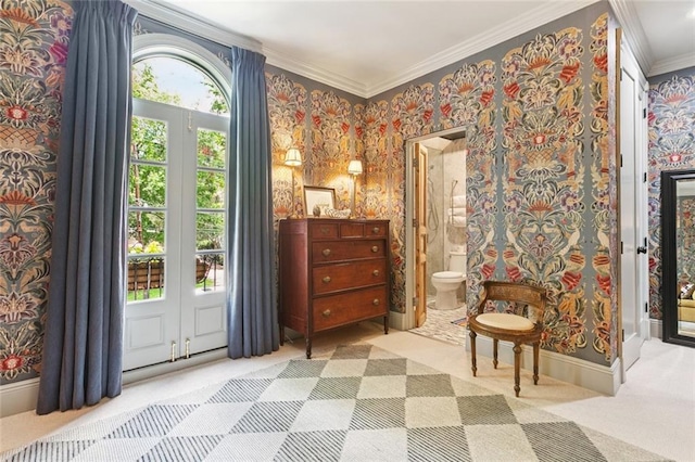 502 Hector Ave, Metairie, LA 70005 - sitting room with ornamental molding, carpet flooring, and french doors